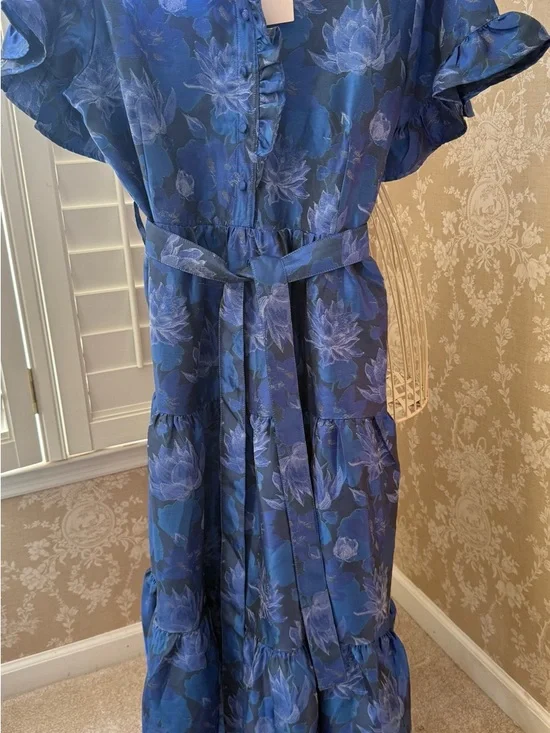 Blue jacquard Floral Tiered Midi Dress - Picture 6 of 11
